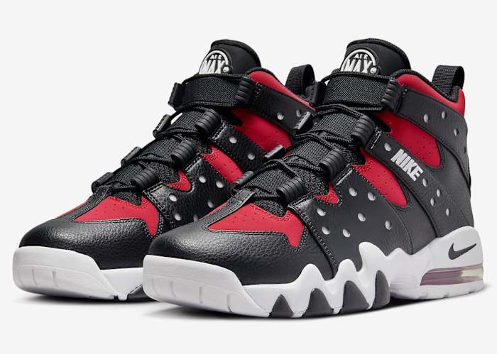 Side view of Charles Barkley's red and black Nike sneakers.